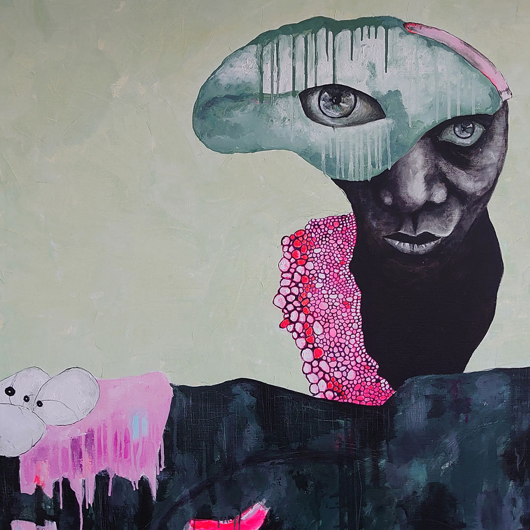 Samtidskunst oljemaleri fra GEP – abstrakt portrett med surrealistiske former og moderne uttrykk.