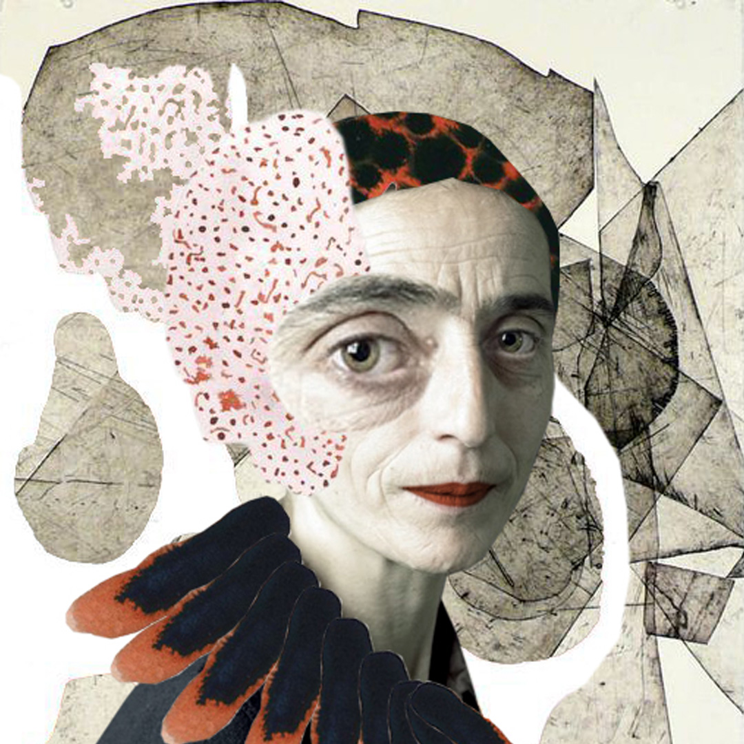 Fotocollage kunst fra GEP – surrealistisk portrett i mixed media med teksturer og abstrakte mønstre.