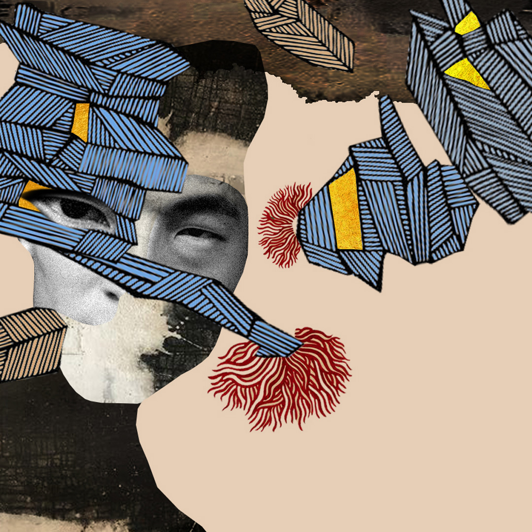 Eksperimentell collage fra GEP – mixed media kunstverk med akryl, sterke farger og surrealistiske elementer.