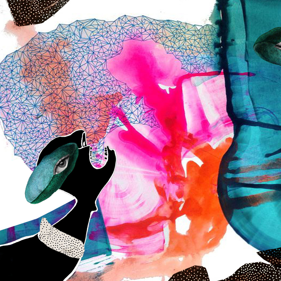 Abstrakt oljemaleri av GEP – moderne kunst med sterke farger, geometriske mønstre og surrealistiske former.